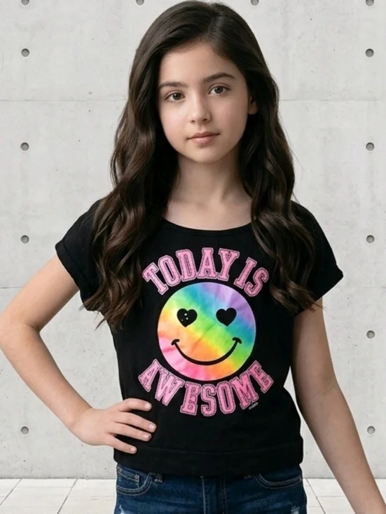 Justice Girls 8 Black Today is Awesome Neon Rainbow Smiley Tee Sequin Tshirt Top