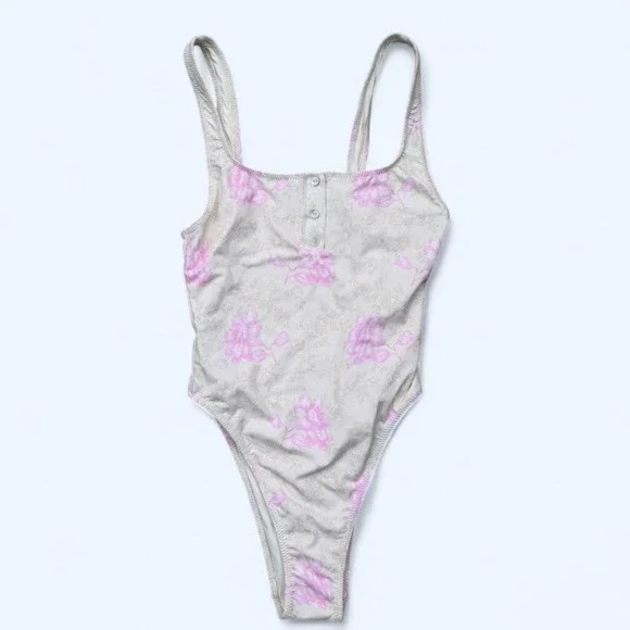 Frankie's Bikinis Cream One-Piece Swimsuit with Pink Floral Print