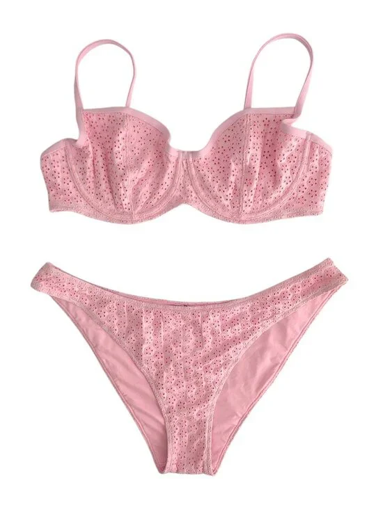 PINK X Frankies Bikinis Eyelet Bikini Set Pink Underwire Lace Cheeky Size XXL