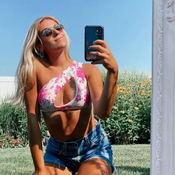 Frankie's Bikinis White and Pink One-Shoulder Cutout Bikini Top
