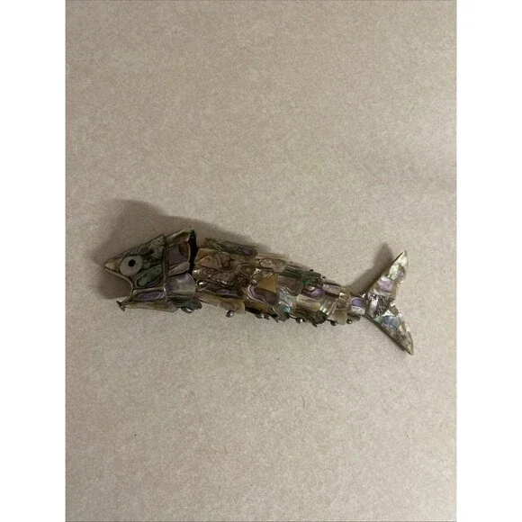 VINTAGE ARTICULATED FISH BOTTLE OPENER MOTHER OF PEARL ABALONE SHELL MEXICO