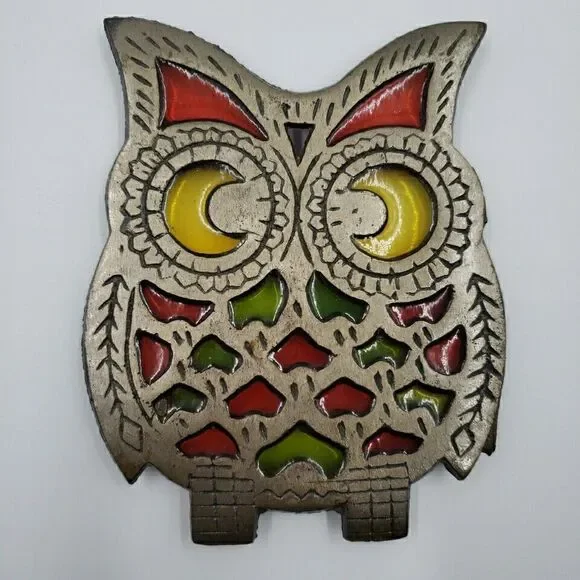 Vtg OWL Trivet Cast Metal Stained Glass Hot Plate Kitchen Kitsch Pot Rest Taiwan