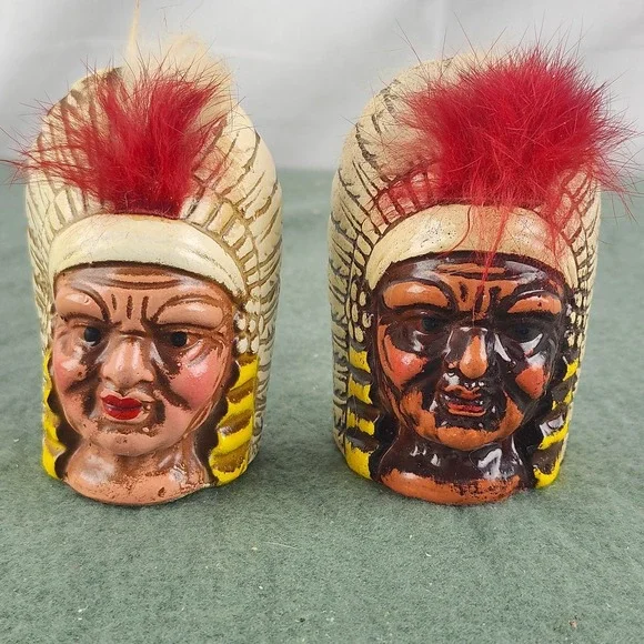 RARE Salt &‎ Pepper Shaker Set: Porcelain Indian Heads Almco Made In Japan