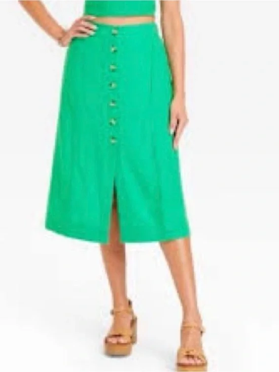 Green Linen Buttoned Midi Skirt w/ Pockets