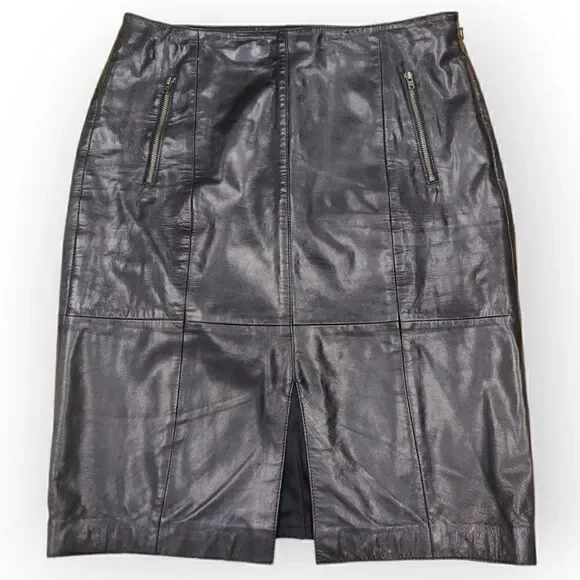 Halogen black genuine leather classic pencil sexy skirt size 6