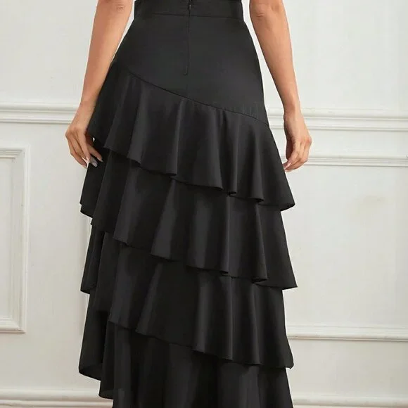 Black Preppy Women's Multi-Layer Ruffle Hem Midi Skirt