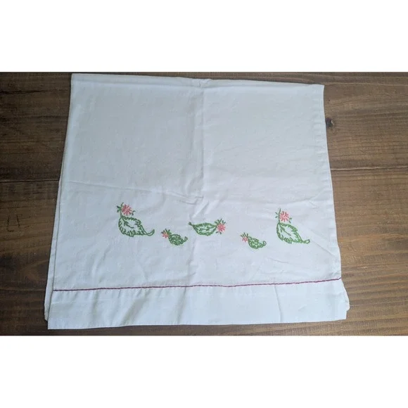 Vintage Hand Embroidered Floral White Pillowcase Pink Green Leaf Cottage‎ 31x17