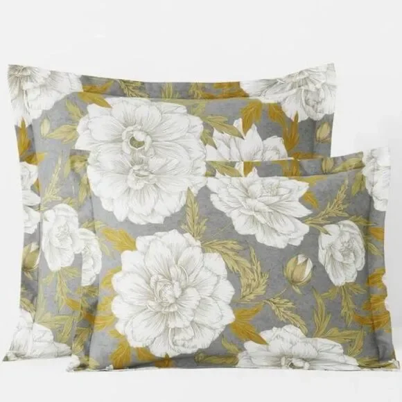Company Store Company Cotton Grey/Gold Peonies Sateen Set of 2 Standard Shams