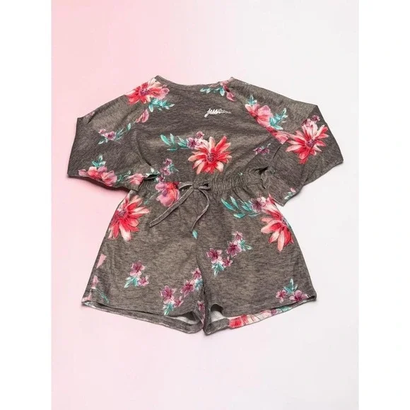 Justice Sleep Girls Gray Floral Long Sleeve Romper Pajamas Size M 8/10