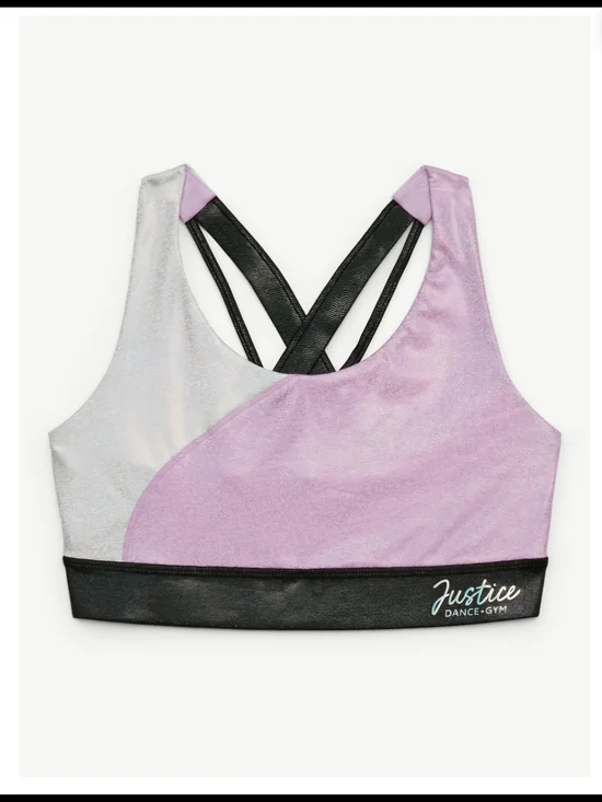 NWT Justice Girls Strappy Back Sports Bra Metallic Lavender Silver Size XL