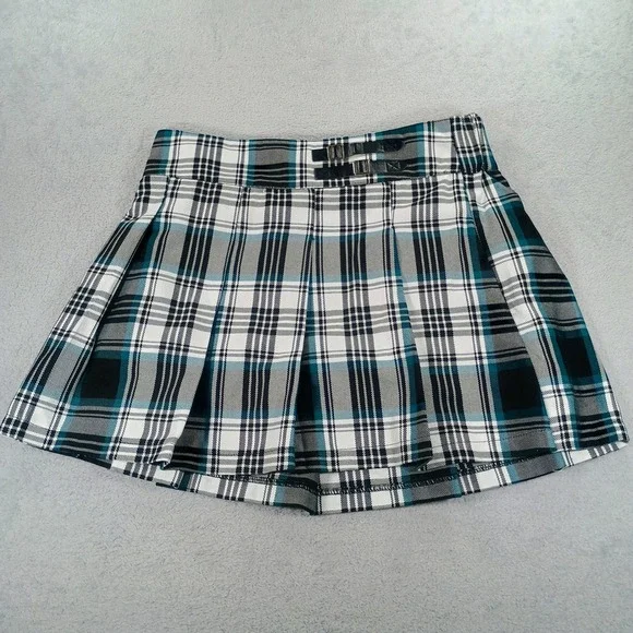 Justice Girls Plaid Pleated Skort Teal Black Size XL 16/18 Built-in Shorts