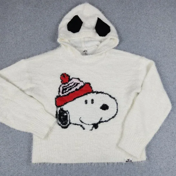 Justice Hooded Sweater Girls L 12/14 White Snoopy Peanuts Eyelash Knit 3D Ears