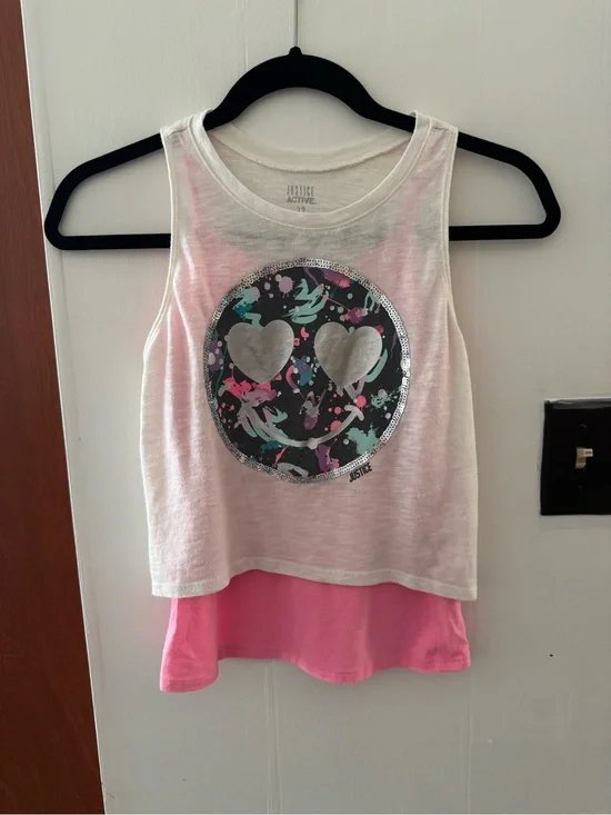 JUSTICE | Girls White & Pink Layered Smile Active Tank Top
