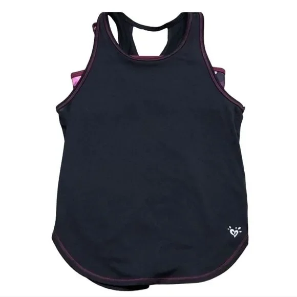 Justice Active Layered Sports Tank Top Black Pink Floral Athletic Tee Girls 10