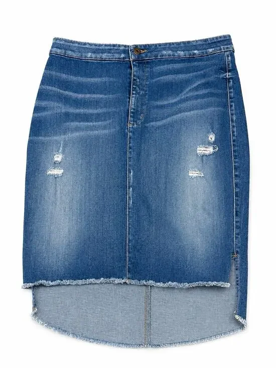 Guess Womens Jean Skirt Pencil Distressed Stretch Blue Denim High Low Raw Hem 14