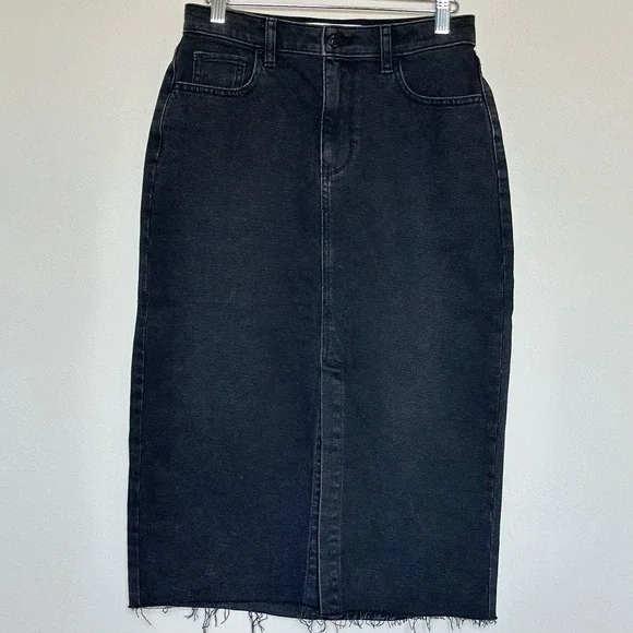 Hollister Ultra‎ High-Rise Black Denim Midi Skirt Front Slit Raw Hem Size 3 W26