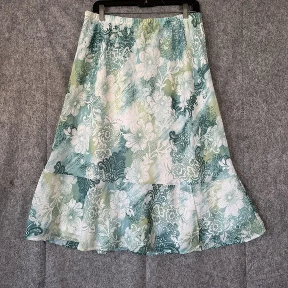 Vintage Floral Skirt Sheer Chiffon Womens Size 14‎ Fairy Garden Paisley Green