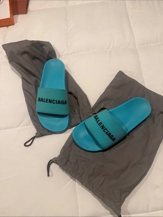 Balenciaga Teal Logo Slide Sandals