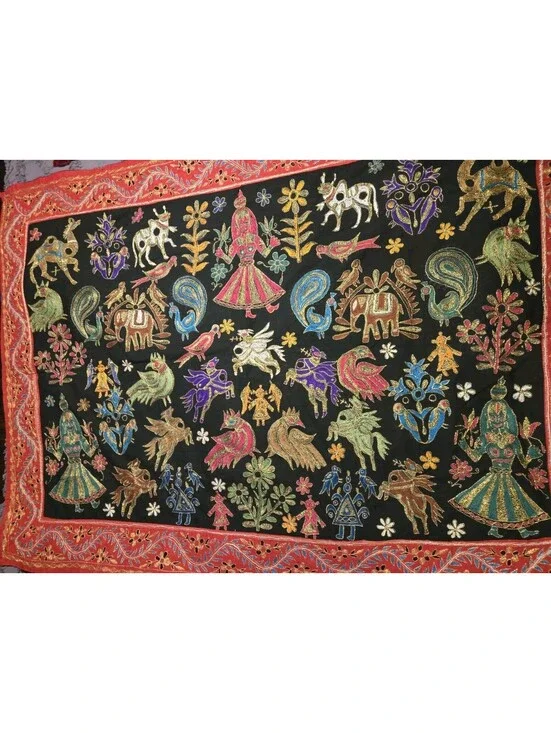 Vintage Gujarati Tapestry Kutch Embroidered Folk Art Wall Hanging Indian 57x42