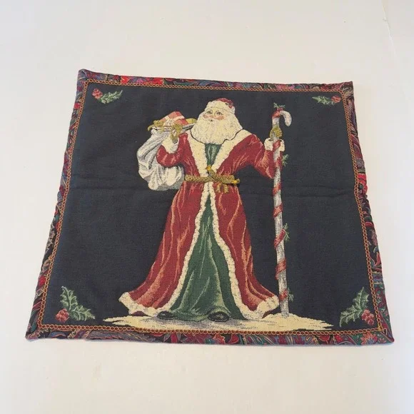 Vintage Santa Claus Woven Tapestry Wall Hanging Paisley Border 18.5x17