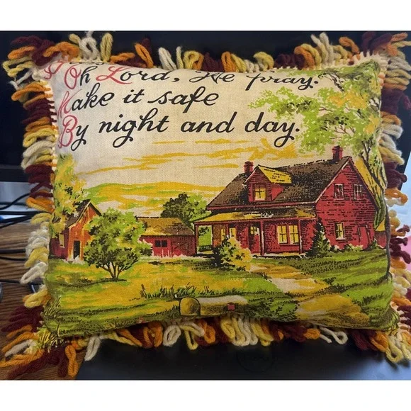 Vintage Tapestry 1973 Calendar MCM 14x12 Pillow Bless This House Yarn Trim
