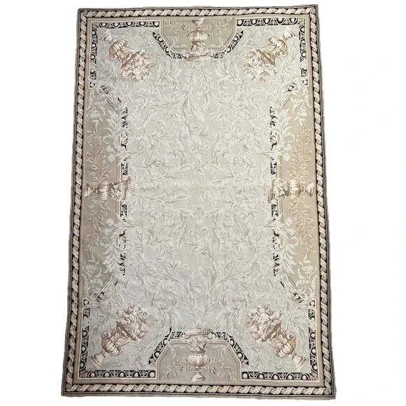 Vintage Needlepoint Tapestry Rug In The Style Of French Aubusson Nuetral 72x46”