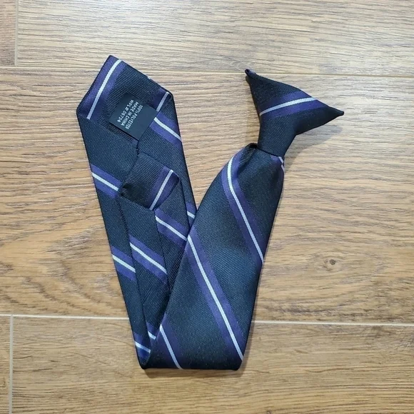 CLIP On Striped Necktie Tie Black Purple Silver Striped Young Boys