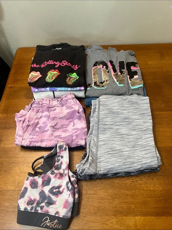 BUNDLE Justice Grey 'LOVE' Sequin Top with Denim Bermuda Shorts Size 10-12Y