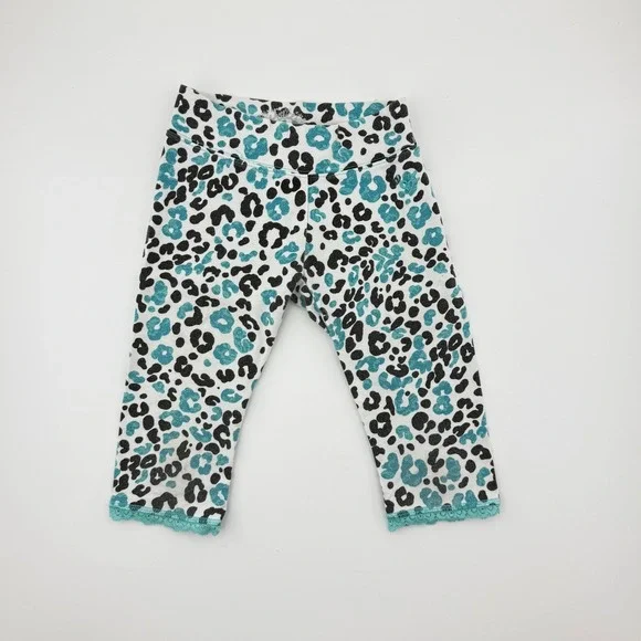 Justice Girls Y2K Leopard Print Cropped Leggings Teal & Black Lace Trim Size 6