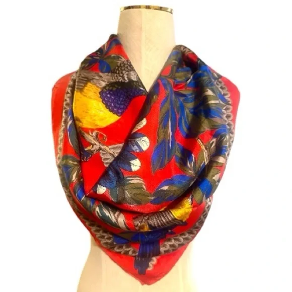 Christian Dior Stunning Vintage 100% Silk Scarf Birds & Foliage Print Red Blue