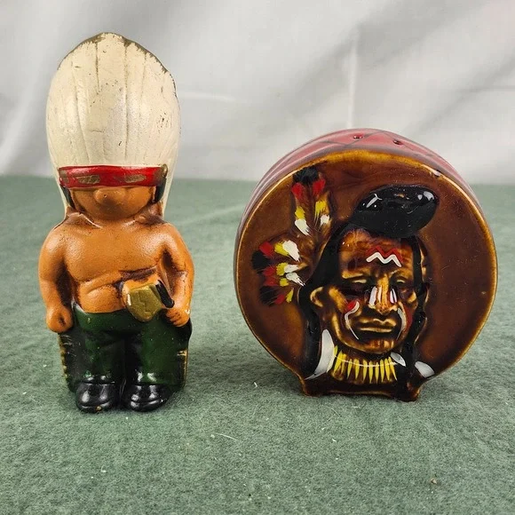 Vintage‎ Salt & Pepper Shakers Indian Native American Chief head Drum Mismatched