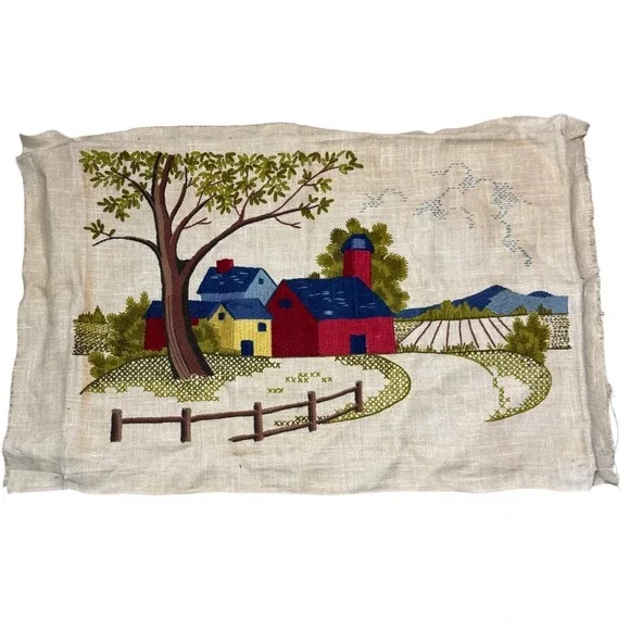 Vintage Hand Embroidered Linen Farm Scene Folk Art Red Barn Textile Tapestry