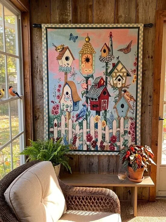 Vintage Birdhouse Woven Wall Tapestry Hanging Pole Included cottagecore 33
