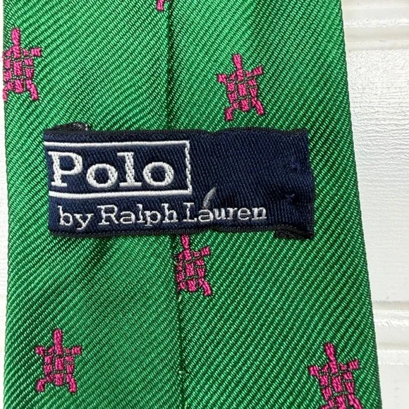 Polo Ralph Lauren Kids Silk Tie Green Pink Turtle Vintage Hand Finished Italy