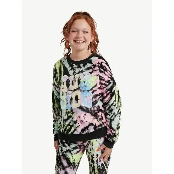 Justice Girl's Faux Fur Tie Dye Sequin Logo Sweatshirt Multi Color Size M 10