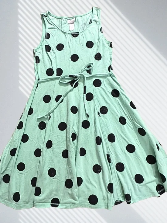 JUSTICE Dress Mint Green Black Polka Dot A Line Sleeveless Tie Front Girls SZ 12