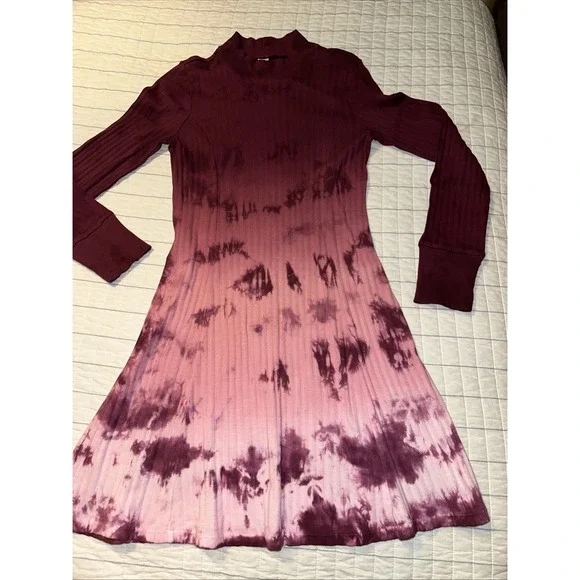 Justice‎ Girls Tie Dye Ombre Ribbed Knit Dress Burgundy Pink Long Sleeve Size 12
