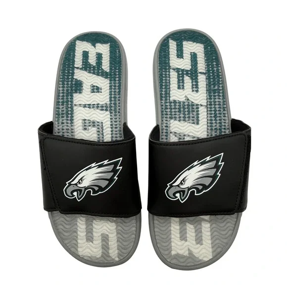 NFL Philadelphia Eagles Slides Mens Large 11-12 Black Adjustable Sandals