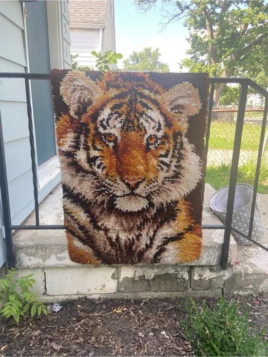 Handmade Tiger Latch Hook Wall Hanging - Brown and Gold