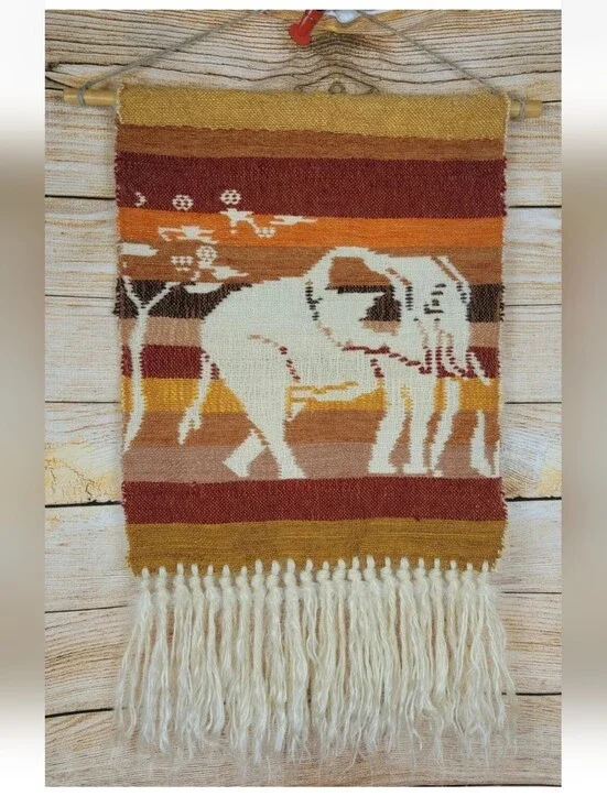 Vintage Mid Century Elephant Woven Reversible Tapestry Wall Hanging