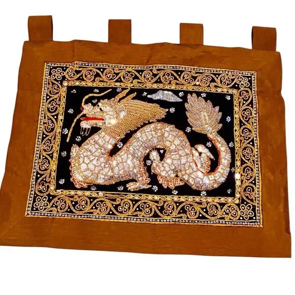 Large Asian Embroidery Sequin Art Tapestry Dragon Kalaga Wall Hanging