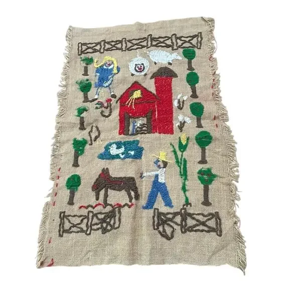 Vintage 1950s Handmade Primitive Farm Folk Art Embroidered Burlap Wall Hanging -