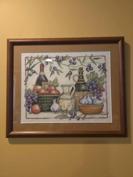 Finished Framed Cross Stitch Tuscan Flavors Wine Art- Dimensions Cross Stitch