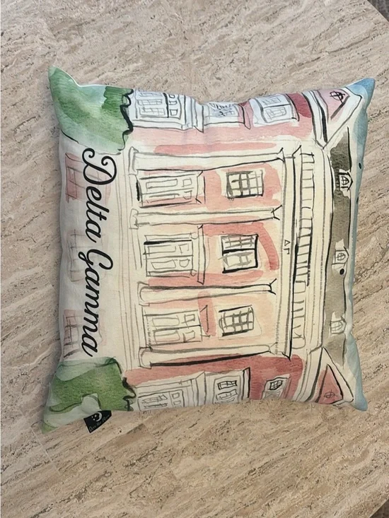 Delta Gamma Illustrated House Accent Pillow - Pink, Green, Blue
