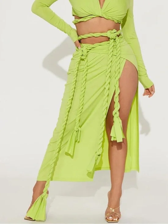 Micas NWT Neon Lime Green High-Slit Maxi Wrap Skirt with Braided Rope Ties Large