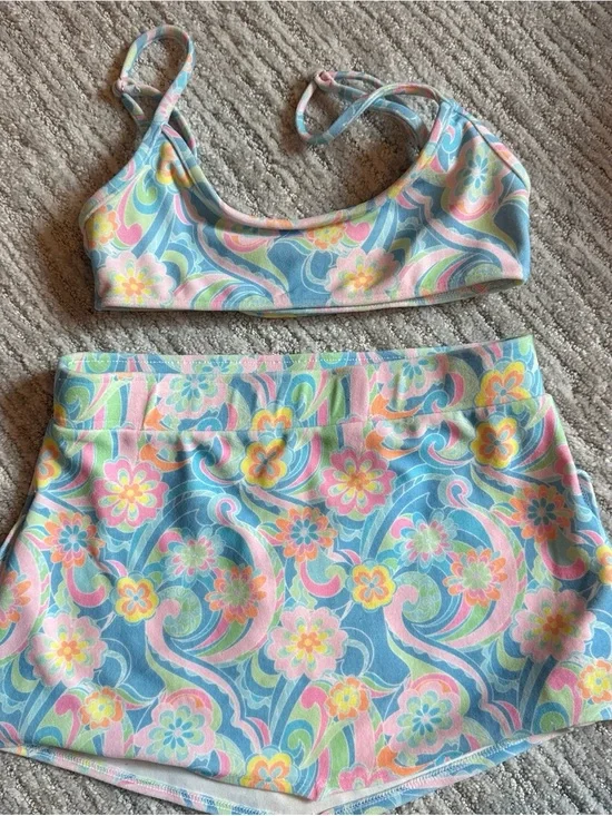 Frankie's Bikinis Pastel Floral Blue Pink Green Two-Piece Swim Set (top & skirt)