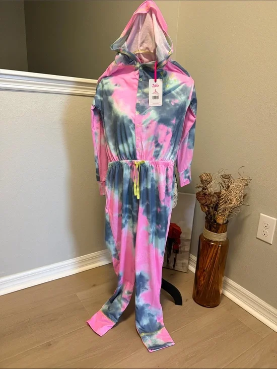 Justice Girls Tie-Dye Hooded Onesie - Pink, Blue, Yellow