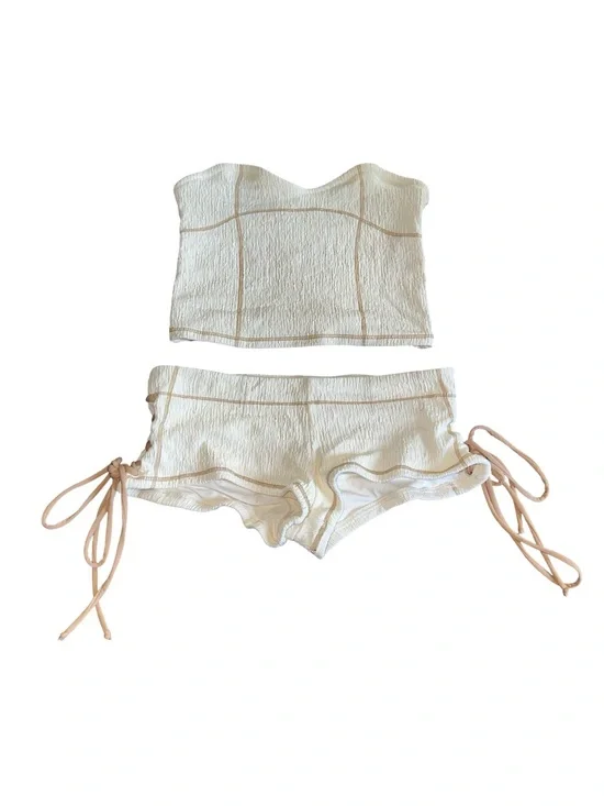 Frankie's Bikinis Cream Ribbed Strapless Crop Top & Drawstring Side Shorts