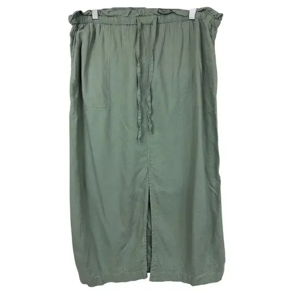 Caslon Green Linen Blend Front Slit Drawstring Waist Skirt Size S