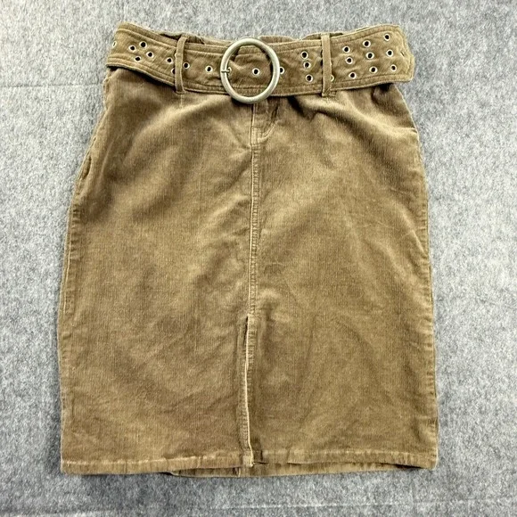 Vanilla Star Women's Skirt 9 Tan Brown Corduroy Pencil Skirt‎ w Grommet Belt Y2K